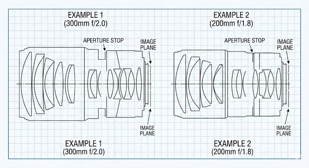 Technical illustration of Canon lens patents showing cross-sections for a 300mm f/2.0 and a 200mm f/1.8.