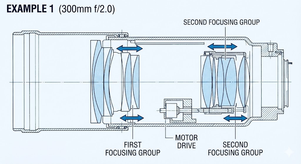 A technical cutaway diagram of the 300mm f/2.0 lens barrel showing internal focusing groups and motor drive.